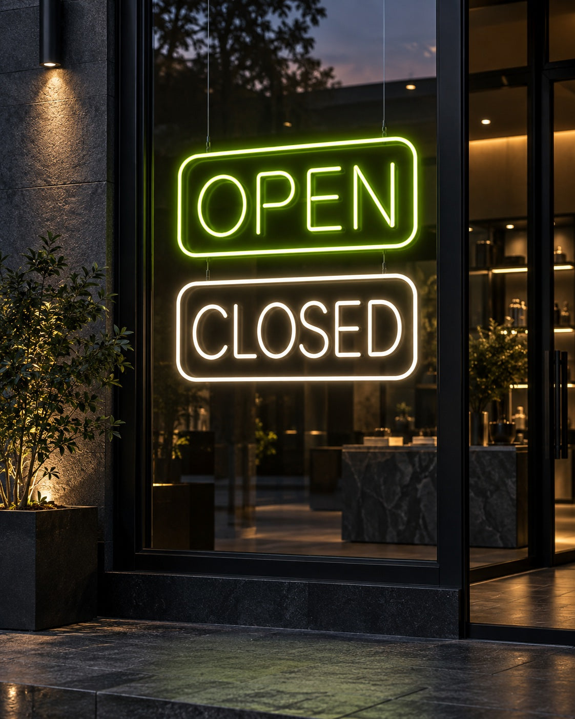 Open & Closed neon sign in a premium interior — The Neon Factory