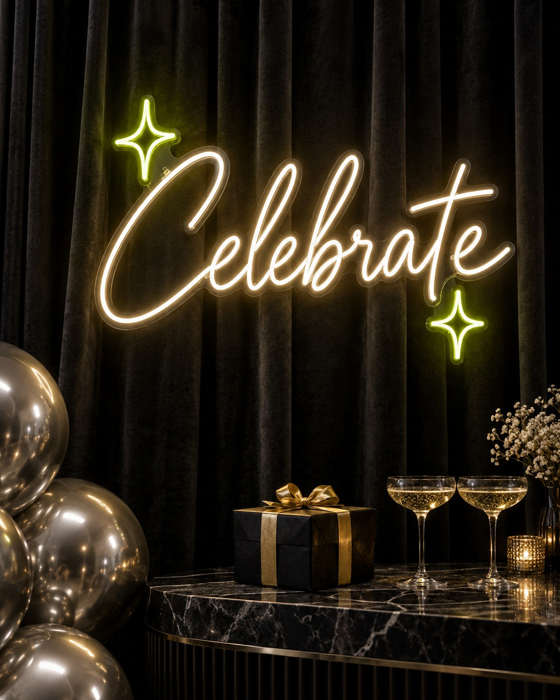 Celebration neon sign in a premium interior — The Neon Factory