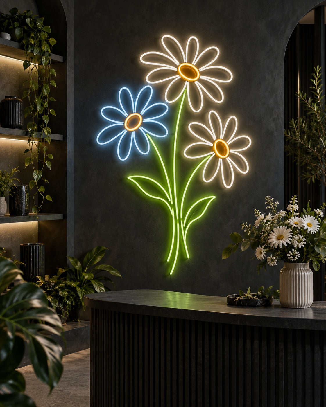 Flowers neon sign in a premium interior — The Neon Factory