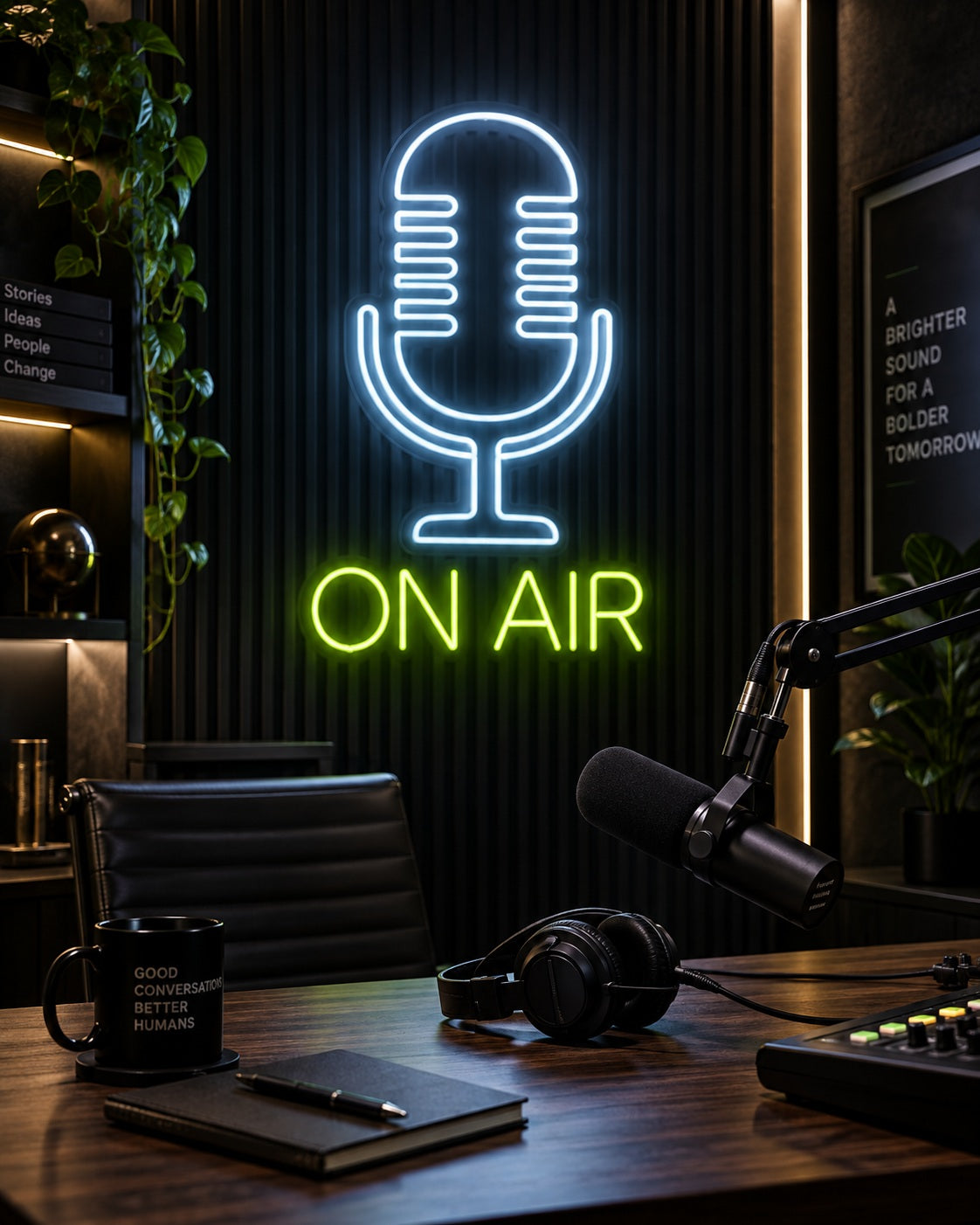 Podcasts neon sign in a premium interior — The Neon Factory